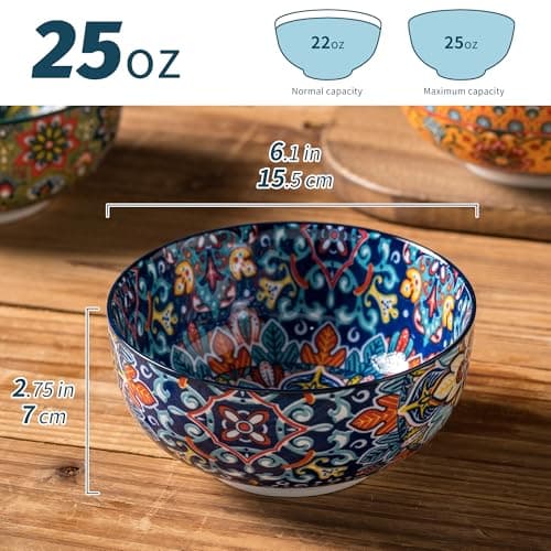 Porcelain Bowl Set of 4, 24 oz, 6 Inche Deeply Bohemia Bowl Set Large Ceramic Bowl Spaghetti Bowl, for Salad Pasta Soup Cereal Oatmeal Fruit, Microwave & Dishwasher Safe Gift Handmade-Style Print - Thumbnail 6