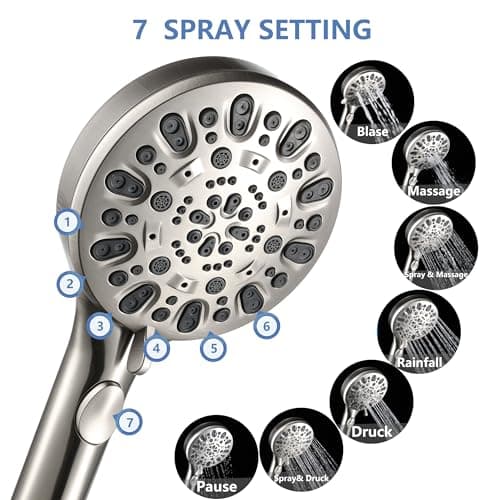 Iopsk 7 Spray Shower Head with Handheld, handheld shower head,detachable shower head with 60" Extra Long Hose & Adjustable Bracket,Showerhead with ON/OFF Switch for Pets Bath.(Brushed Nickel) - Thumbnail 3