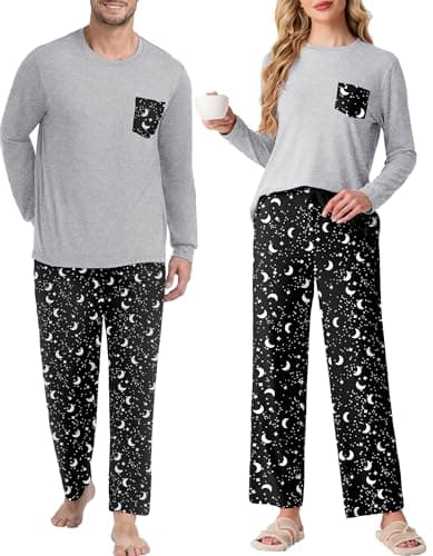 PrinStory Womens Pajama Sets Sleepwear Pjs Lightweight Long Sleeve Crewneck Shirts and Bottoms Soft Sleep Sets Black Star Moon L - Image 1