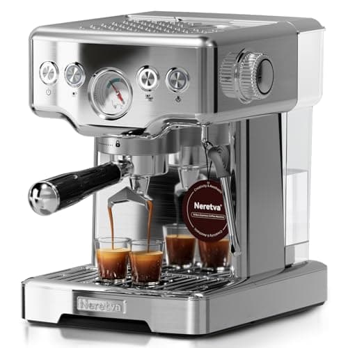 Neretva Espresso Machine, 15 Bar Espresso Coffee Machine with Visible Pressure Guage Professional Espresso Maker with Milk Frother & Stainless Steel for Home Barista Latte and Cappuccino Maker-Silver - Image 1