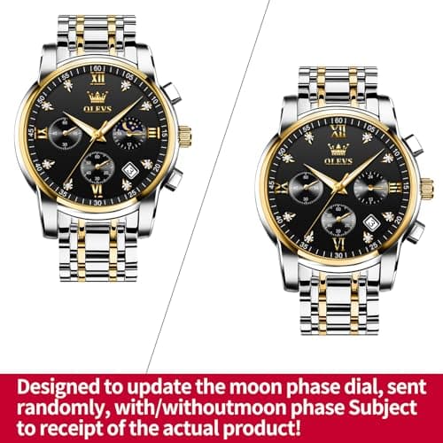 OLEVS Watch Men Black Face Gold and Silver Watches for Men Waterproof Stainless Steel Large Face Mens Watches Business Chronograph Analog Quartz Men's Wrist Watch Dress Two Tone Reloj para Hombre - Thumbnail 2