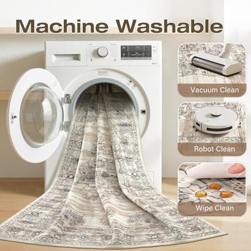 Jessibou Washable 8x10 Area Rug for Living Room & Dining Room - Large Vintage Farmhouse Soft Carpet with Non-Slip Backing, Stain Resistant Low-Pile Indoor Rug for Home Office, Kid & Pet Friendy -Beige - Thumbnail 2
