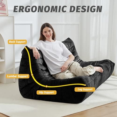 Homguava Bean Bag Chair, Giant Beanbag Chairs for Adults, Memory Foam Fireside Chair, Large Lazy Floor Sofa, Sofa Couch with High-Rebound Foam, Lounge Chair for Living Room, Bedroom (Black, 3-Seater) - Thumbnail 3