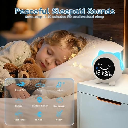 MRSCOZ Kids Alarm Clock for Sleep Training,Sleep Trainer,Ok to Wake Clock,Cute Cat Alarm Clock for Girls Boys Toddler with 10 Night Lights,9 Music Sounds, Auto-Off Timer,Cream White - Thumbnail 5