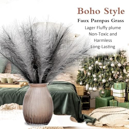 Acfruits Black and Gray Pampas Grass Decor, 30 Pcs 17" Faux Pampas Grass Short Decor, Pompas Grass Flower Arrangement and Vase Filler for Boho Home Wedding Decoration - Thumbnail 5
