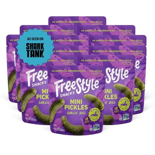 Freestyle Snacks Mini Pickle Snack Packs - Garlic Dill - All Natural, Fresh-Packed Deli-Style Pickles - Non-GMO, Kosher, Gluten-Free, Low Calorie Snacks - 4.5 Ounce (12 Pack) - Image 1