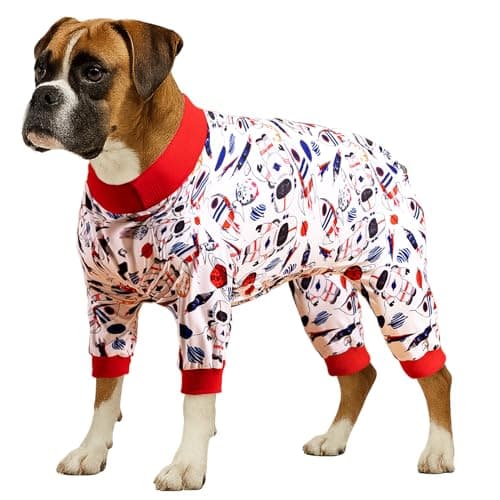 LovinPet Large Dog Outfit - Space Snow Prints, Lightweight Pullover Large Puppy Pajamas, Full Coverage Dog Pjs, Pitbull Onesie, Pet Pajamas for Dogs, Pitbull Clothes, White 3XL