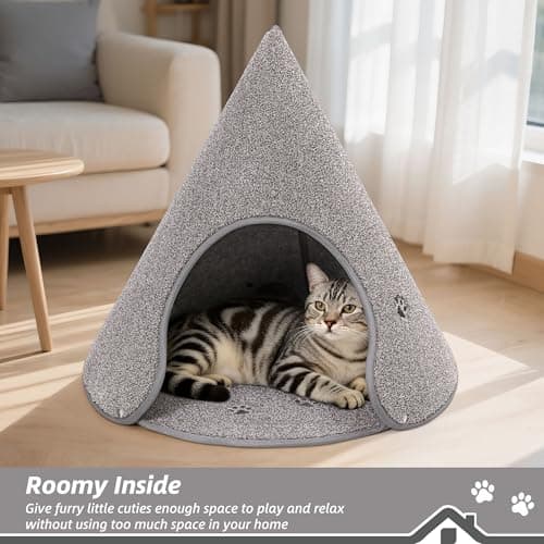 BEQHAUSE Cat Beds for Indoor Cats, Cat Cave Bed with Non-Slip Bottom, Anti-Scratch Cat House Cat Tent for Kittens and Small Dogs, Foldable Kitten Hideaway Machine Washable,22.8 * 22.8 * 20.8in, Grey - Thumbnail 3
