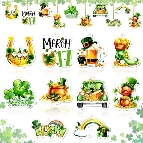 D4DREAM 30Pcs St Patricks Day Ornaments for Tree Decorations - 10 Styles Acrylic Saint Patricks Day Decor with Green Shamrock Gold Coins Horseshoe for Tree Home Spring Irish Day Party Supplies - Image 1