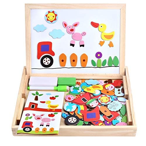 Wooden Toy Magnetic Board Puzzle Games , Double Side Jigsaw &Drawing Sketchpad Writing Dry Erase Board Chalkboard Educational Toys for Kids - Image 1
