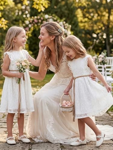 ALLOVIN Toddler and Girls Vintage Boho A-Line Lace Dress with Belt Pom Pom Trim Birthday Party Dress | White | 6-7Y - Thumbnail 6