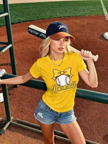Baseball Shirts for Women Cute Bow Graphic T-Shirt Softball Mom Tee Funny Baseball Fan Short Sleeve Top Yellow - Thumbnail 2