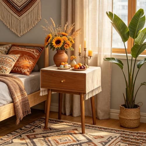 yuboo 36 Inches Boho Nightstand Dresser Cover Top for Bedroom, Short Cream Small Farmhouse Coffee Table Runner , Rustic Table Cover for Bedside Table, End Table, Nightstands, TV, Spring Table Decor - Thumbnail 3