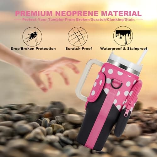 BULKITEM 30oz Water Bottle Carrier Bag with Phone Pocket for Pink Polka Dots Stanley 30 oz Tumbler with Handle, Insulated Neoprene Cup Holder Pouch Strap for Valentines Stanley Cup Accessories - Thumbnail 4
