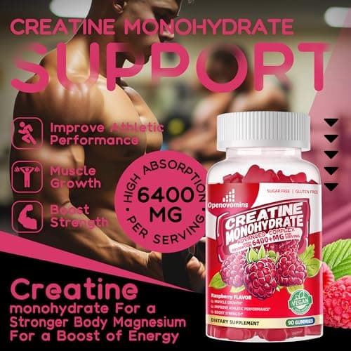 Creatine Monohydrate Gummies Complex 6400mg for Men & Women -Advanced Formula W/L-Taurine + Vitamin B12, Sugar Free Chewable Supplement,90 Raspberry Gummies - Thumbnail 2