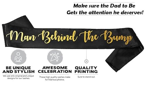 "Man Behind The Bump" Funny Baby Shower Sash for Daddy to Be, Baby Shower Party Decorations Gifts Supplies Dad to Be Baby Gender Reveal Ideas New Father Favors (Black and Gold) - Thumbnail 3