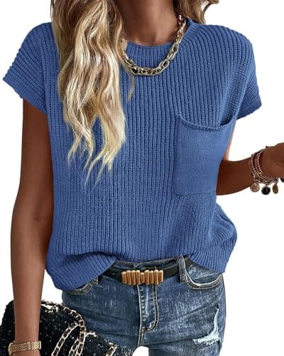 KIRUNDO Spring Summer Short Sleeve Sweater for Women 2026 Casual Sweater Vest Cotton Knit Pullover Tank Tops Fashion Clothing(Blue, X-Small) - Image 1