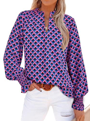 MASCOMODA Womens V Neck Floral Long Sleeve Tops 2026 Summer Casual Loose Puff Sleeve Chiffon Boho Work Blouse Dressy T Shirts(Plaid Blue Pink,XX-Large) - Image 1