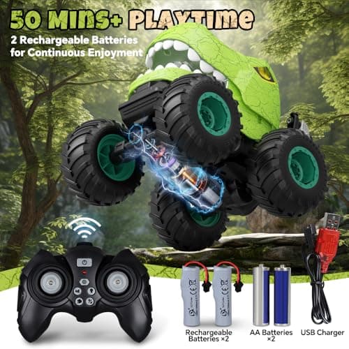 Drefirsa Dinosaur Remote Control Car for Kids Ages 3-5 6-12, Remote Control Monster Truck with Spray, Light, 360° Rolling&90° Driving, All Terrain Dinosaur Toy for Boys Birthday Gift - Thumbnail 2