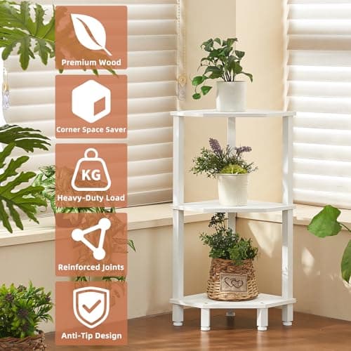 YUFAM 3-Tier Corner Shelf with Sturdy 5-Leg Base, 30in Tall Narrow Bookcase for Small Spaces, Wooden Plant Display Shelf, Thin Bookshelf for Living Room, Bedroom, Office, White - Thumbnail 6