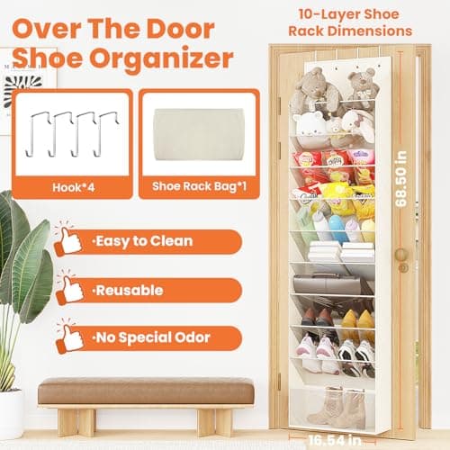 ZATOCL 10-Tier Over The Door Organizer, Space Saving Hanging Shoes Organizer and Storage Unit, Organizer for Closet, Bedroom, Entryway, White - Thumbnail 2