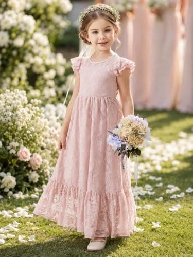 ALLOVIN Toddler & Girls Spring Easter Lace Flower Girl Dress for Wedding Baptism First Communion Maxi Boho A-Line | Flutter Sleeve Dusty Pink | 3-4Y - Thumbnail 2