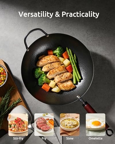 Wok Pan, Carbon Steel Wok, Woks & Stir-Fry Pans Nonstick, 13 Inch Wok Pan with Wooden Lid, Pre-Seasoned Carbon Steel Cookware, 5.8QT Flat Bottom Chinese Wok Paella Pan, Compatible with All Cooktops - Thumbnail 6