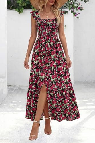 dowerme Womens Summer Maxi Dresses 2026 Casual Ruffle Sleeve Button Smocked Floral Slit Boho Dress Spring Beach Sundress(Black Red Flower,X-Large) - Thumbnail 2