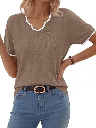 GKBK Women Short Sleeve V Neck Sweater Lightweight Pullover Top Fashion Clothing for Business Casual Work Outfits Spring Summer 2026 Coffee Small - Image 1