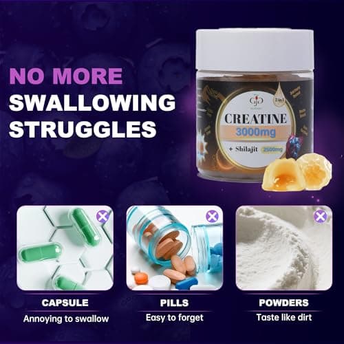 Creatine Gummies 3000mg with Shilajit | Juice-Burst Filled for Muscle Recovery, Strength & Energy Booster | Natural Testosterone & Cognitive Support for Men & Women | 60 Count, Blueberry Flavor - Thumbnail 6