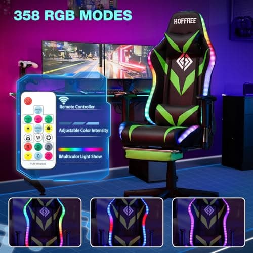 Led Gaming Chair with Speakers Massage 165° Reclining Computer Chairs-Green - Thumbnail 5