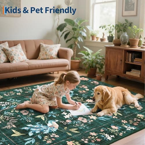 GarveeHome Large Area Rugs 9x12 for Living Room, Dark Green Washable Rug Soft Non Slip Backing Floor Mat Carpet Indoor Floral Peacock Accent Rug for Bedroom Dining Room Playroom Nursery Home Decor - Thumbnail 3