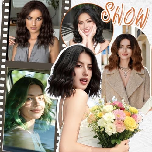 Uioxvn Green Short Curly Wavy Wig Synthetic Bob Style Natural Lace Hairline Heat Resistant Fiber Wigs for Women Glueless Crazy Looking Shoulder Length Middle Part Cosplay Party Use 14 Inch - Thumbnail 5