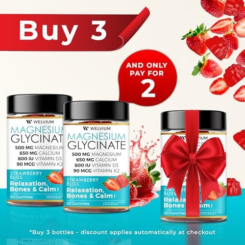 WELVIUM Magnesium Glycinate Gummies with Ashwagandha, L-Theanine - 500mg Magnesium Glycinate, D3, K2, B6, Calcium, Zinc, Potassium Supplement for Muscle, Immune and Bone Support, Chewable Magnesium - Thumbnail 6