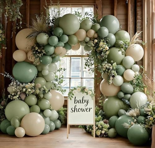 Dusty Green White Balloon Arch Double Stuffed Sage Light Green White Sand Beige Balloon Garland Eucalyptus Leaves for Baby Shower Neutral Birthday Woodland Bridal Wedding Gender Reveal Party Decor - Thumbnail 2