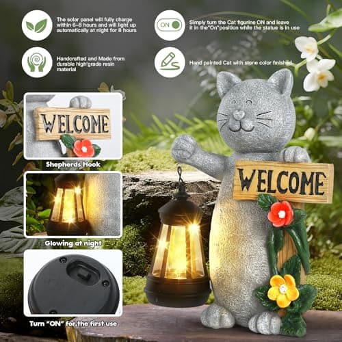 Json Garden Statue Solar Cat Figurine with Lantern, Solar Garden Decorations Statues for Patio, Balcony, Yard Ornament, Unique House Warming Gifts Figurine Lights, Gifts for Women, Mom - Thumbnail 3