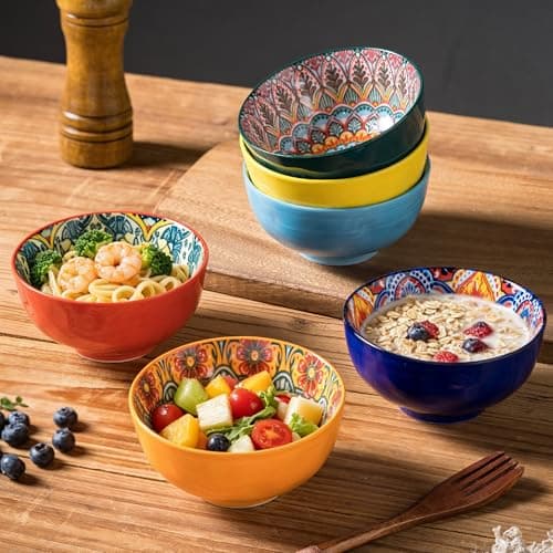JINNTHE Bohemian Bliss 4.5-Inch Ceramic Bowls, Set of 4 - Colorful Dip Bowls, Salad Bowls, Snack Rice Bowls with Handcrafted Artisan Prints, Dishwasher & Oven Safe - Thumbnail 2