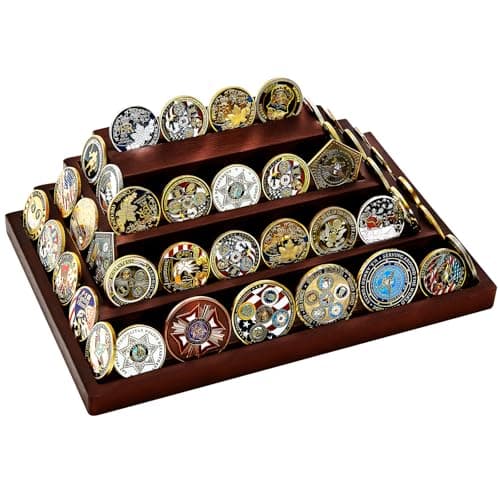Challenge Coin Display Holder, Military Coin Display Stand 4-Tier for Collectors,Wooden Army Coins Collection Rack, Coin Stands for Display Desk Decor Walnut