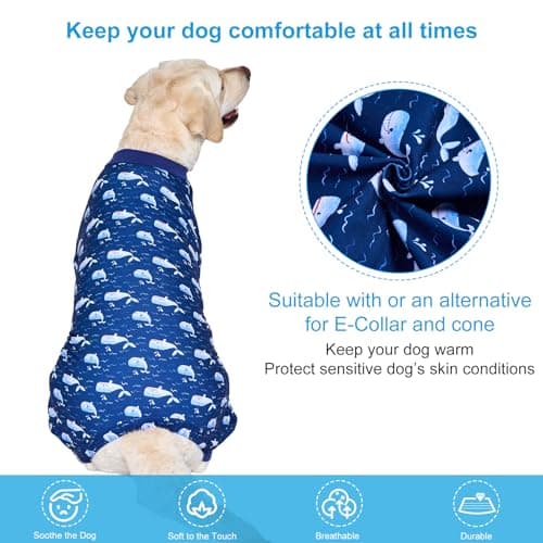 LovinPet Large Dog Outfit, Dog Onesie for Surgery, Large Breed Dog Pajamas, Lightweight Navy Whale Print, Pet Pajamas for Dogs, UV Protection Shirt for Dogs, Pitbull Clothes,Blue, XL - Thumbnail 3