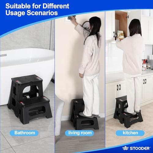 STOODER Folding 2-Step Stool - Upgraded Stable A-Frame, Safety Lock, Anti-Slip Rubber Feet, 300lb Capacity, No Assembly - 8" 17" Step Stools for Kitchen, Bathroom, Bed, RV, Home, Office (Black) - Thumbnail 4