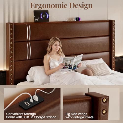 Uteeran King Size Bed Frame with Storage Shelf & Charging Station, 55" Tall Headboard & 25.6" Footboard, Faux Leather Upholstered Platform Bed with Big Rivets Wingback, Heavy Duty & Noise-Free, Brown - Thumbnail 3