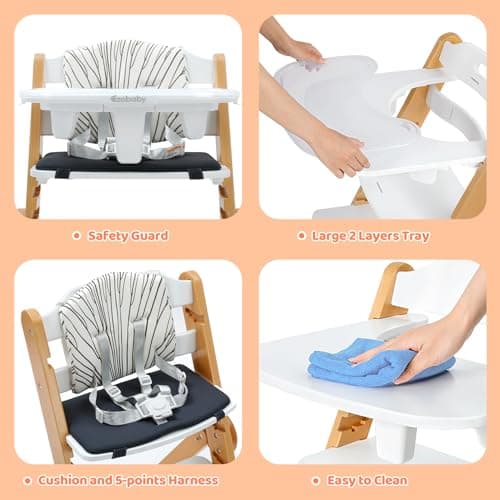 Ezebaby Foldable Wooden High Chair, No-Tools Adjustable Baby High Chair for Toddlers to Adult, Space-Saving Space Highchairs with Double Tray & Washable Cushion (Modern White) - Thumbnail 4