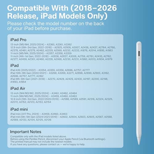 Stylus Pen for iPad 2018-2026, 2X Fast Charge Active Pencil with Tilt Sensitivity & Palm Rejection, iPad 11/10/9/8/7/6/A16, Air M4/M3/M2, Pro M5/M4, Mini 7/6/5 (White) - Thumbnail 2