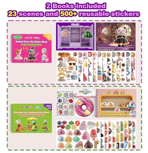 Dino Fun 2-in-1 Reusable Sticker Book for Kids – Animal Dress-Up & Cooking Play, 23 Scenes, 500+ Stickers, Fun Activity Book for Toddlers Ages 3+, Removable Sticker for Boys & Girls - Thumbnail 2
