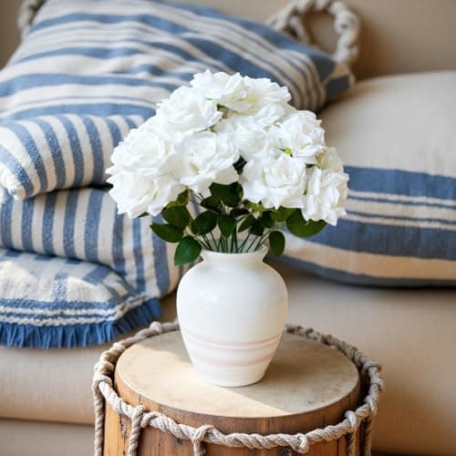 TransBloom 2 Bouquets, White Roses Artificial Flowers, Fake Roses Bouquet, 18 Heads, 16 Inch, Faux Wedding Bouquets with Stems, Floral centerpieces for Tables, Outdoor Decor (White) - Thumbnail 6