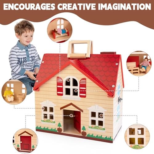 Foldable Wooden Dollhouse with 13PCS Furniture, 4 Rooms and 2 Flexible Dolls, Pretend Play Doll House Set with Portable Handle, Christmas Birthday Gift for Boys Girls Age 3+ - Thumbnail 4