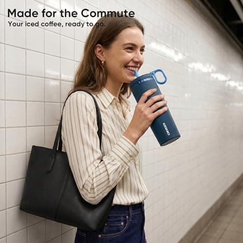 KISSKIND 20 Oz Iced Coffee Tumbler with Hidden Straw, Insulated Stainless Steel Coffee Tumbler, Leakproof Ceramic Lined Travel Cup for Subway Commuting, Slim Tumbler for To-Go, Americano - Thumbnail 2