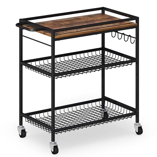 Pkuyres 3 Tier Heavy Duty Rolling Kitchen Cart with Handle & Locking Wheels – Metal Utility Storage Cart for Kitchen, Laundry Room, Garage & Office – Supports Over 150 lbs Mobile Organizer Shelf