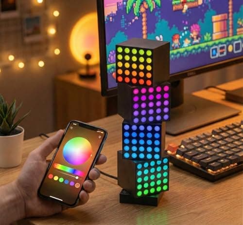 YEELIGHT Smart Pixel Art Table Lamp, 4 Pack Cube Light Kit with Music Sync, DIY LED Display with Clock Mode, RGB Mood Night Light Works with Matter and Alexa, App Control, for Gaming Room & Bedroom - Image 1