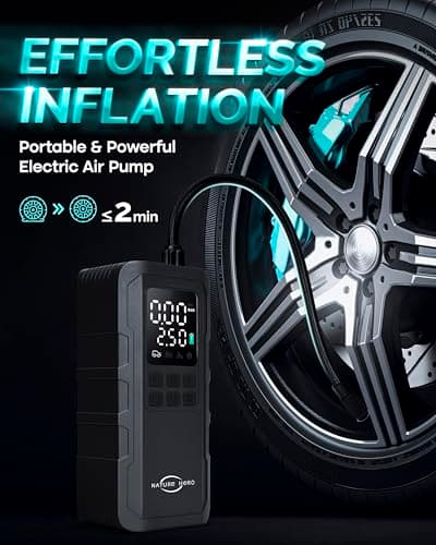 Nature Hero Tire Inflator Portable Air Compressor - 7500mAh Air Pump for Car Tires, 150PSI Cordless Tire Pump with Pressure Gauge & LED Lights - 3X Faster for Car, Motorcycle, Balls and Bicycle, Black - Thumbnail 2